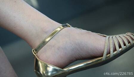 Beauty woman feet in flat sandals o train, candid foot fetish