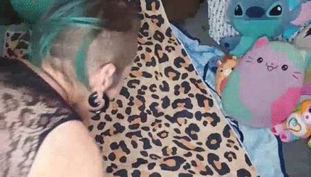 Sexy goth girlfriend shaving in a see through fishnet dress