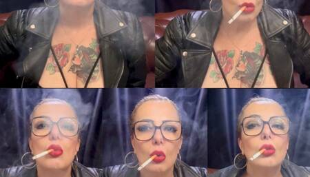 Close up - Marlboro reds - Dangling and Coughing - Genuine leather jacket, Long red fingernails, Red lipstick - Custom no names mentioned