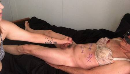 Pocket pussy drains slaves cock so he can eat his cum