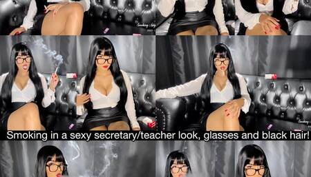 Smoking marlboro red 100s in a secretary-teacher look, glasses and black hair!
