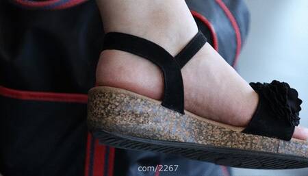 Candid shoe fetish, near to her cute feet on sandals, closeup feet details