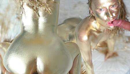 All alone with golden paint, blowjob, dick ride and cum on golden ass