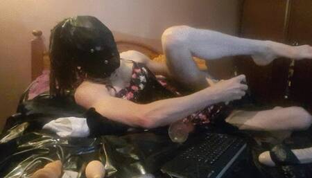 Masked sissy using a giant inflatable anal dildo - 55cm pump up toy massively inflated