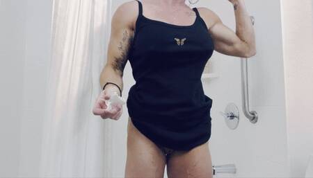 Nude wet flexing on a hot summer night