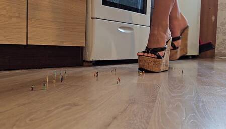 Unaware Giantess Cleaning Kitchen in Wedge Sandals 720p