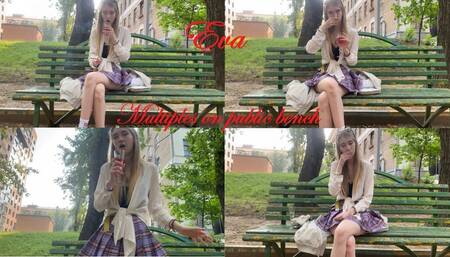 Eva smokes multiples on public bench