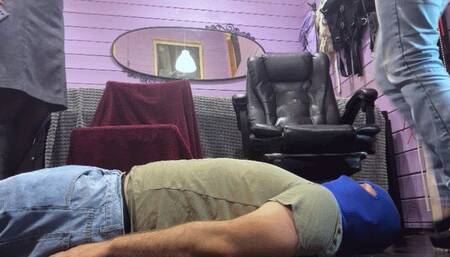 Two girls ignore foot mat slave