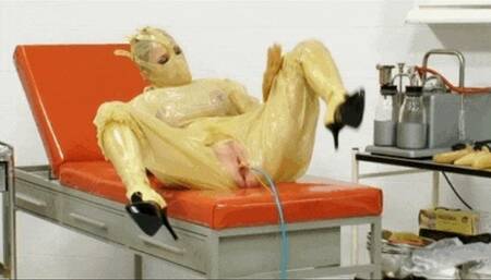Transparent rubber fetish piss lover girl and the inflatable dildo masturbation