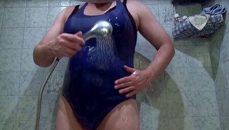 Fake Boobs E-cup: Getting Blue Swimsuit Wet with Big Strapon Tits. Shaved Chubby Crossdresser Sissy Tobi
