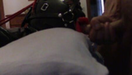 A close view of my wife taking my cock down her throat with a lip open mouth gag