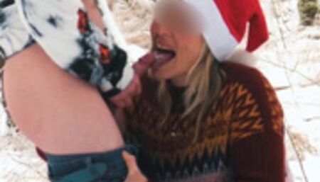 Hot amateur MILF sucking dick in the frozen forest, Cum in mouth