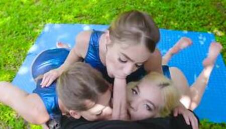 cute teen friends have foursome with hot coach