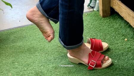 Candid Shoeplay Dipping Wooden Clog Sandals in the Garden Centre Part 1