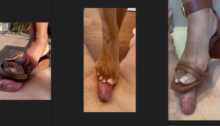 Holiday shoejobs (Ted Baker block heel sandals messy soles, Birkenstock slide with cigarette crush, bare footjob)