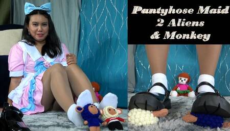 Cosplay Maid Trampling 3 Soft Toys in Socks and Shiny Pantyhose - HD