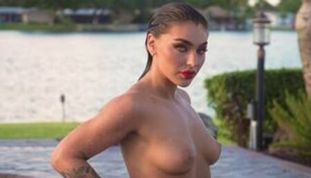 Glamorous all natural Emjay Rinaudo stripped and posed by the pool outdoor