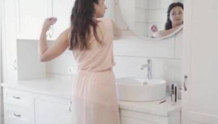 mature babe sees herself in mirror and touches her pussy 4k