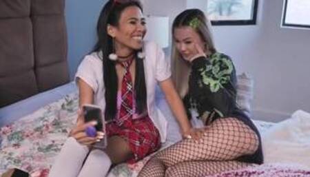 two asian cuties facetime their professor to fuck