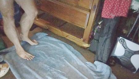 Tempest fills oiled legs and walking bare footed