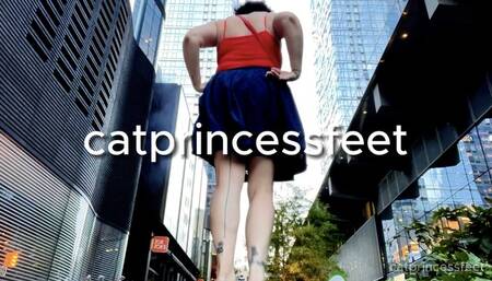 NYC giantess between skyscrapers, sandals, long toes and soles show