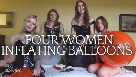 Four women inflating and playing with their balloons