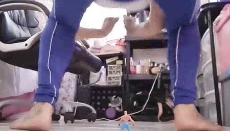 Avi very Gassy Giant Yoga teacher Farts sits on and foot crushes tiny student