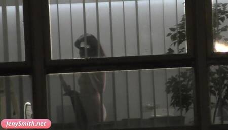 Rehearsals pt1. Jeny Smith in tansparent suit with high heels.