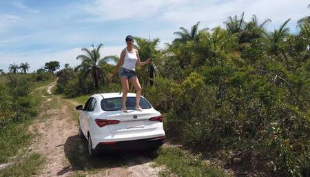 Bruna in white flip fops flooring White Cronos and dancing on it mercilessly