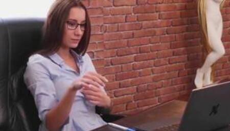 babe with glasses slowly gets naked and plays on table 4k