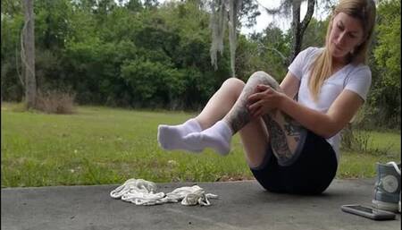 Taking a Break Outside, Catherine Sterling Slips off Sneakers for Socked Self Bondage Hogtie! WMV version