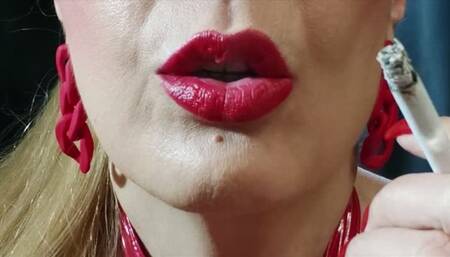 Close-up Marlboro reds 100s - Mouth Inhales and open mouth exhales, Coughing, Red lipstick and long red nails