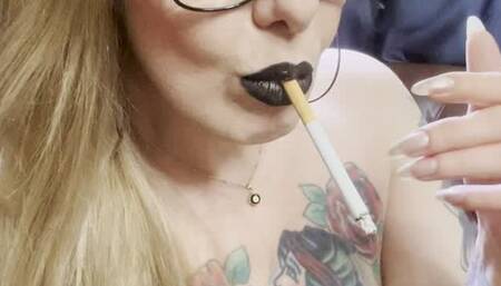 Close-up Marlboro reds 100s - Deep Inhales, Dangling, Nose exhales, Black lipstick, Makeup