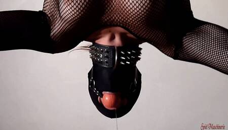 Slave Slut Hanging Upside Down in Strict Bondage for Unmercifully Whipping Punishment and Throatfucking