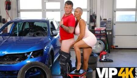 Blonde with giants tits licks car mechanics ass and gets fucked