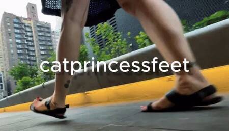 NYC sandal feet walking in city, milf foot show