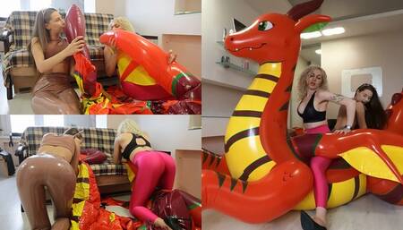 Nastya and Katya are blowing an inflatable dragon