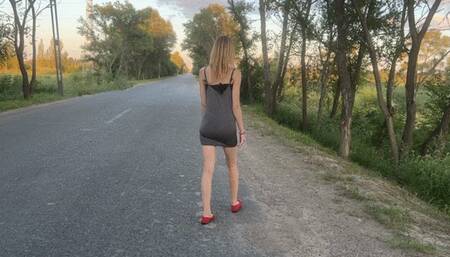 girl in ballet shoes and stockings fell hard and sprained her ankle, now she can’t step on her foot from pain and is trying to jump home