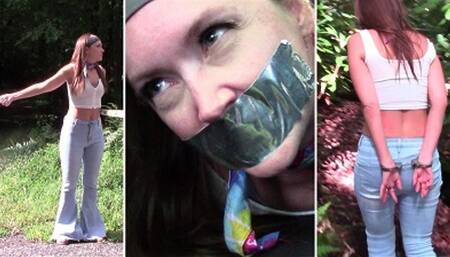 Rachel- Retro 70's Hitchhiker, Bell Bottom Jeans, Handcuffs, Tape Gag, Driven Away