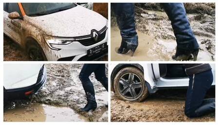 Julia hard stuck in deep soft mud driving car sharing