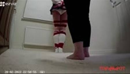 Man bound and gagged in adult schoolgirl uniform - cam 1