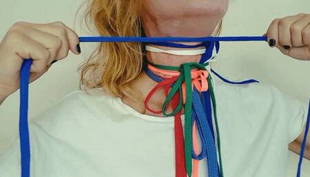 Multicolored shoelaces on my neck
