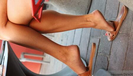 Dangling slippers , perfect feet and legs, nice arched feet, candid foot fetish