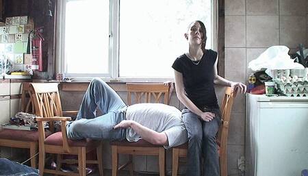 Becki Sits On Her Slave On The Dining Chairs