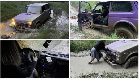 HOT PREMIERE: SEXY GIRL STUCK HARD IN DEEP MUD DRIVING LADA NIVA