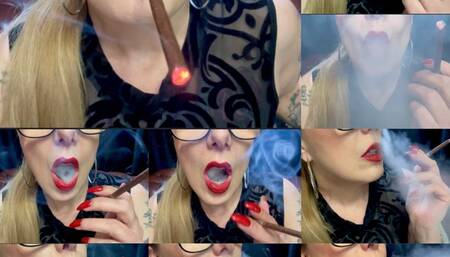 Close-up More Menthol 120s - Deep Inhales, Nose exhales, Coughing, red lipstick and long red nails