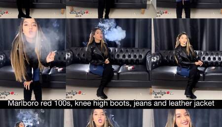 Marlboro red 100s, tight jeans, thigh high boots and leather jacket!