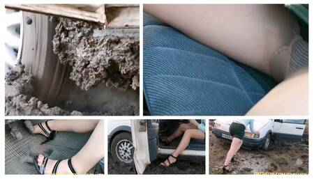 Sexy real estate agent got her car stucked hard in deep mud