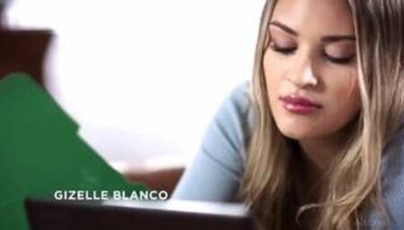 Gizelle Blanco and Jayden Cole on the phone on a white bed in lesbian scenes together