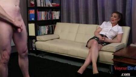 CFNM femina loves seducing naked guy while he strokes dick